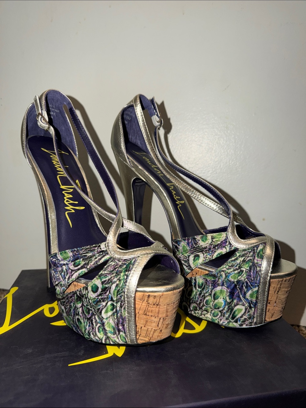NIB London Trash Peacock-Print Cork Platform Sandals - Purple, Green & Silver 9M